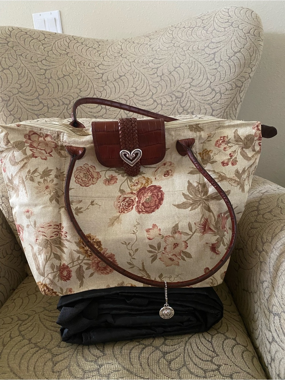Floral Canvas Tote with Brown Leather Trim